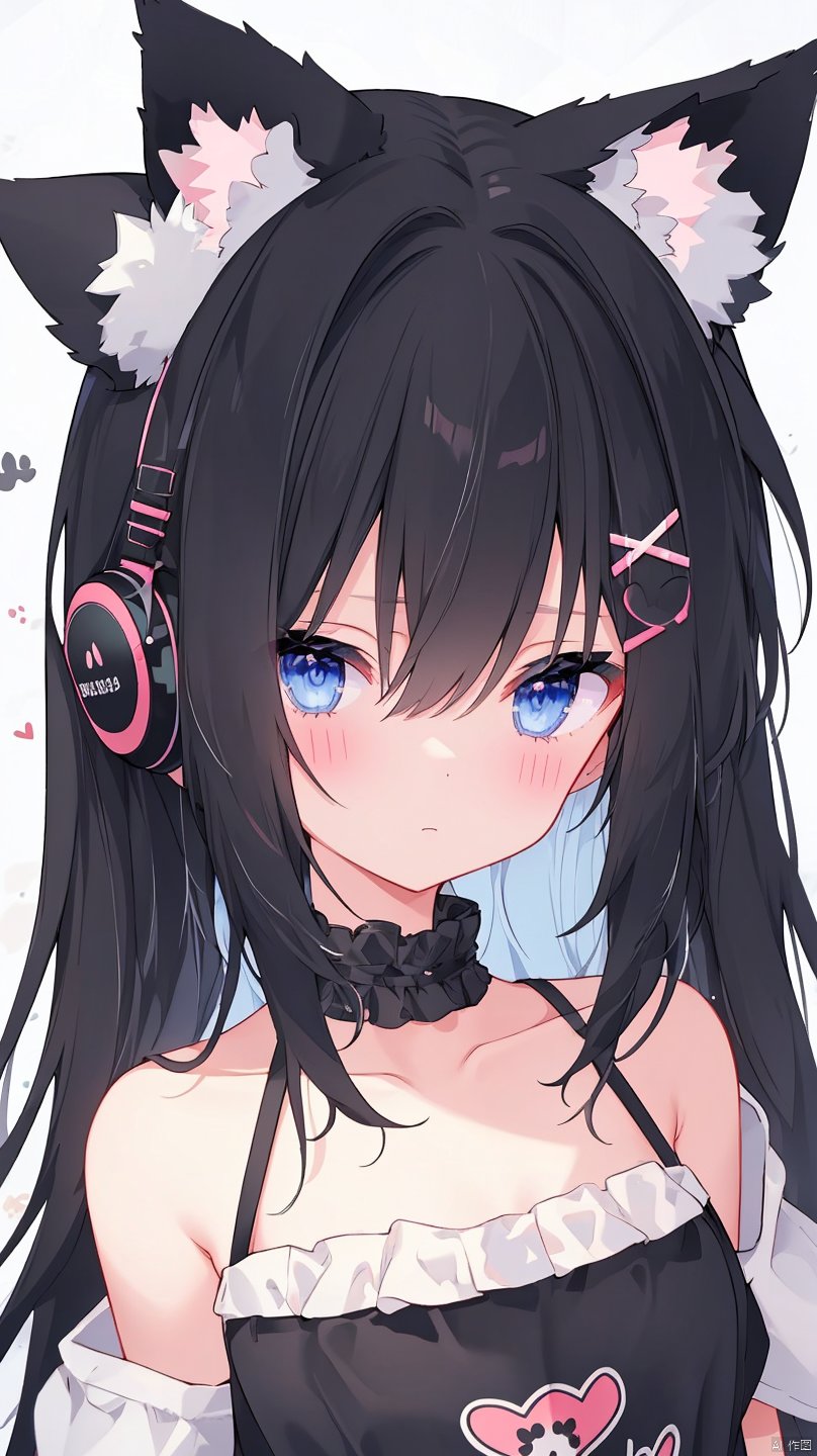 suisei_1121,1girl, solo, long hair, looking at viewer, bangs, blue eyes, shirt, hair ornament, animal ears, hair between eyes, very long hair, closed mouth, collarbone, upper body, white hair, short sleeves, heart, choker, hairclip, striped, cat ears, signature, blurry, hands up, black shirt, depth of field, blurry background, fake animal ears, headphones, black choker, facial mark, x hair ornament, paw pose, arm warmers, animal ear headphones, cat ear headphones, broken heart
