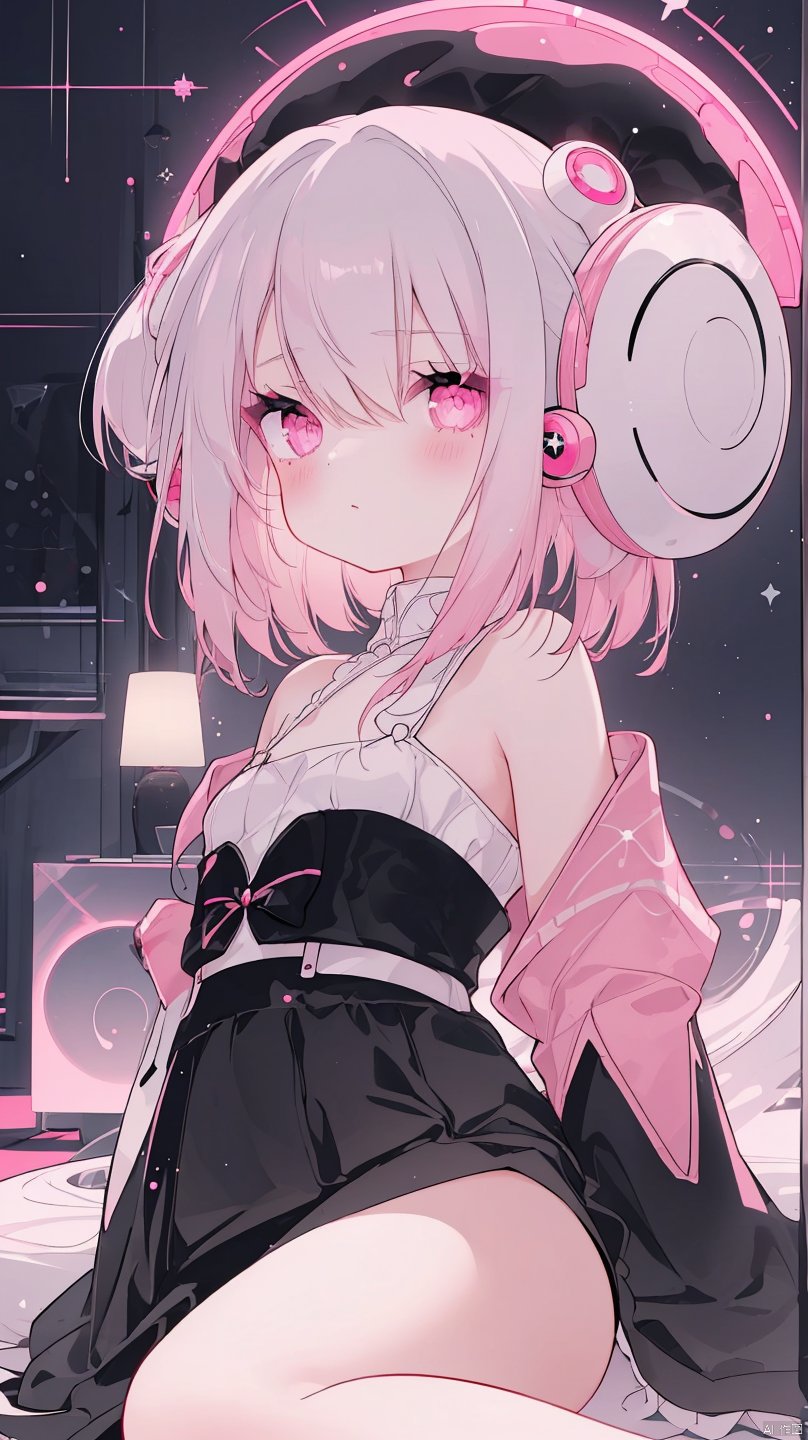 suisei_1121,girl, (white hair), short hair, (black eye), complex eye, shiny eye, pale skin, red lips, glitter eyeshadow, eyelashes, pensive expression, black nail, (silver zero weight comfortable elegant long dress:1.3), pale earring, (hold a astrobuster gun in front of body:1.2), (astrobuster gun emits a fierce flash:1.3), starry sky outside window, sitting on round rich sofa, sophisticated round wooden room, (80's anime:1.4), (kawaii), (emphasize only pink and light:1.5), (monochrome:1.3), (flat color:1.3), wide lens view, (fisheye lens), from front, dynamic angle, correct body structure, cinematic lighting, light particle, maximum detailed face, maximum detailed texture, maximum detailed shadow, maximum detailed background, 8k,
