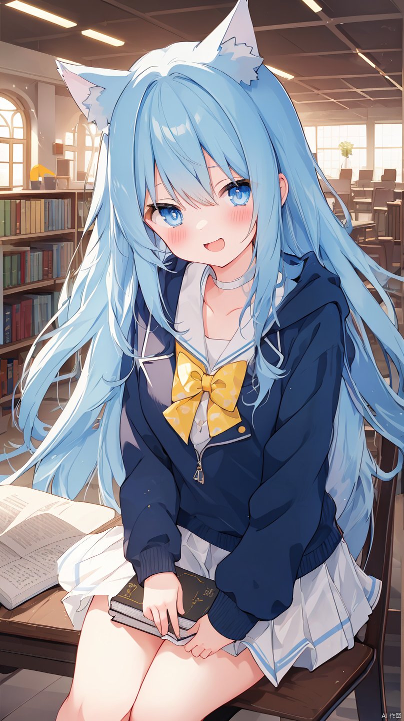 suisei_1121,{{{best quality}}},{{{extremely detailed CG unity 8k wallpaper}}}, {{{ultra-detailed}}},(sunlight),(bloom),(ray tracing), library, bookshelf, chair, desk,( crowd in library:1.25), full body, a girl, white hair with ice blue eyes, very long hair, floating hair, hair bow, beautiful detailed eyes, medium breasts, cleavage, (white|yellow school uniform|golden lace), school uniform under jacket, pleated skirt (white garter:1.2), sit in chair, open jacket, phone in hand, (book on desk:1.2), looking at hand, masterpiece, {{best quality}}, artbook, incredibly_absurdres, {{{{{shota}}}}}, ahoge, {{{cute face}}}, {{animal_ears}}, [blush], blue hoodie , head tilt, [bust], {{{little boy}}}, {{animal ear fluff }}, [yellow eyes], waving, cyan hair, laughing, dog_ears,, masterpiece, {{best quality}}, artbook, incredibly_absurdres, {{{{{shota}}}}}, ahoge, {{{cute face}}}, {{animal_ears}}, [blush], blue hoodie , head tilt, [bust], {{{little boy}}}, {{animal ear fluff }}, [yellow eyes], waving, cyan hair, laughing, dog_ears,