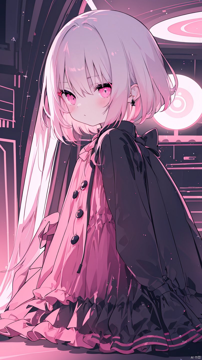 suisei_1121,girl, (white hair), short hair, (black eye), complex eye, shiny eye, pale skin, red lips, glitter eyeshadow, eyelashes, pensive expression, black nail, (silver zero weight comfortable elegant long dress:1.3), pale earring, (hold a astrobuster gun in front of body:1.2), (astrobuster gun emits a fierce flash:1.3), starry sky outside window, sitting on round rich sofa, sophisticated round wooden room, (80's anime:1.4), (kawaii), (emphasize only pink and light:1.5), (monochrome:1.3), (flat color:1.3), wide lens view, (fisheye lens), from front, dynamic angle, correct body structure, cinematic lighting, light particle, maximum detailed face, maximum detailed texture, maximum detailed shadow, maximum detailed background, 8k,
