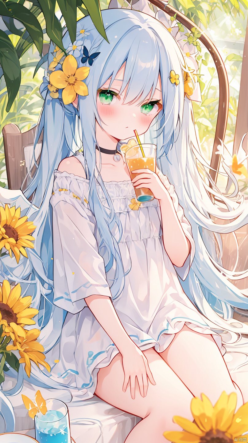 suisei_1121,(best quality),illustration,ultra detailed,hdr,Depth of field,(colorful),loli,1girl, solo, flower, long hair, drinking straw, hair flower, hair ornament, very long hair, barefoot, yellow flower, red flower, blush, soles, holding, water, looking at viewer, bug, cup, wings, collarbone, bangs, crazy straw, butterfly, white hair, sitting, green eyes, holding cup, bow, hammock, bare shoulders,
