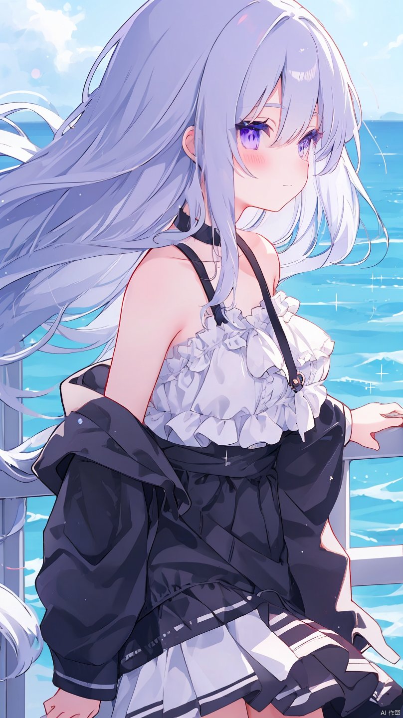 suisei_1121,1 girl, petite small, cute, Long hair, silver hair, blowing in the wind, stray hair, profile, upper body, outdoors, ship, handrail, ocean, dolphin, sunlight, cute smile, glitter,black eyeliner, eye shadow, cheek, purple eyes, big eyes, long eyelashes, midiam breast, collarbone, miniskirt,
