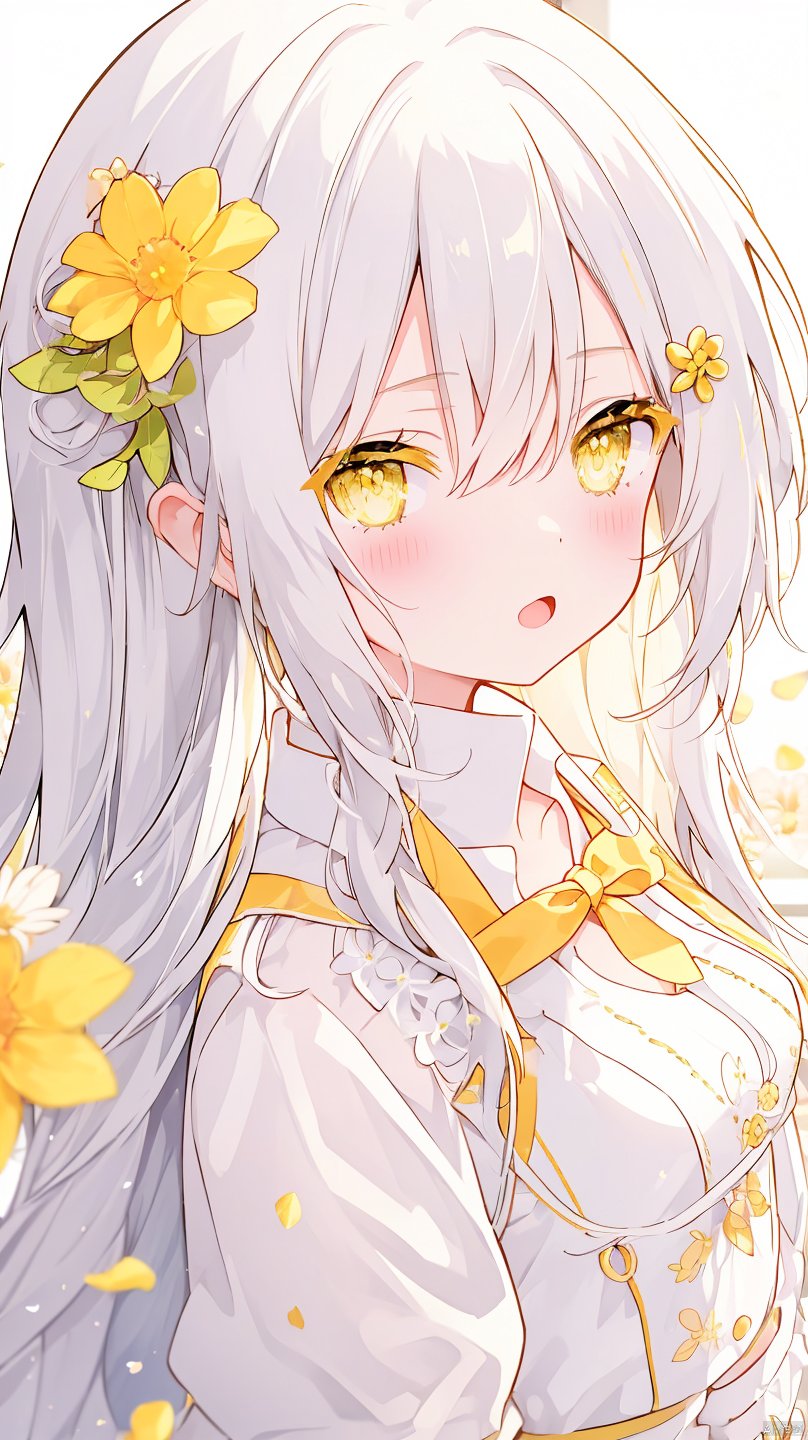 suisei_1121,1girl, solo, long hair, petals, looking at viewer, flower, yellow eyes, bangs, hair flower, hair ornament, white background, white hair, hair between eyes, yellow flower, upper body, simple background, yellow nails, white shirt, shirt, blush, nail polish, blurry, short sleeves, closed mouth, blurry foreground, Apricot eye