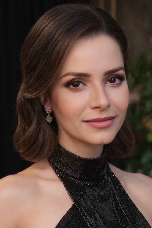 hyperrealistic photo of Sandy, realistic and detailed face, realistics eyes, in a gala look, wearing a long black silk dress with jeweled details and an elegant neckline. She is wearing diamond earrings, professional makeup, and a sophisticated hairstyle. The image should have a cinematic style, with focus on her glamorous look, and the atmosphere of a night party.