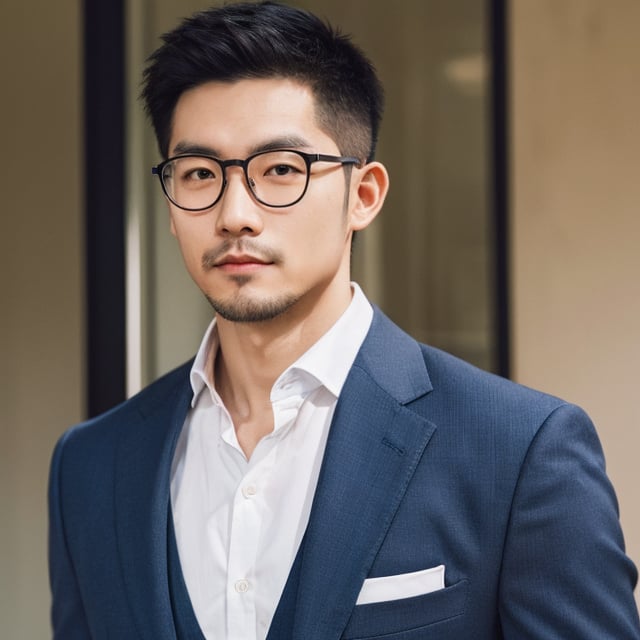 Asian man, handsome , glasses ,stubble, summer ,photorealistic , suit , ,asina man