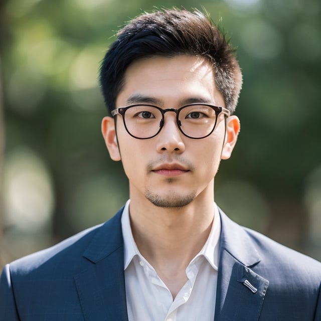 Asian man, handsome , glasses ,stubble, summer ,photorealistic , suit , ,asina man