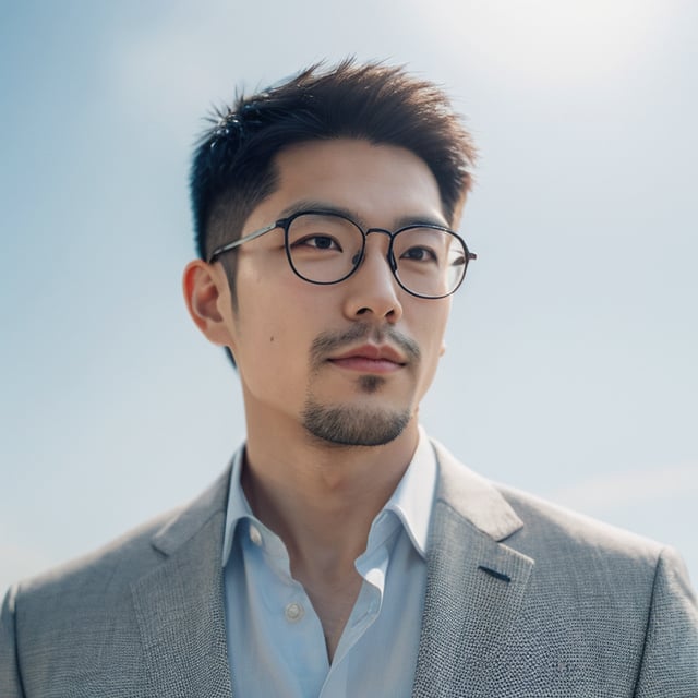 Asian man, handsome , glasses ,stubble, summer ,photorealistic , suit , ,asina man,Muscle