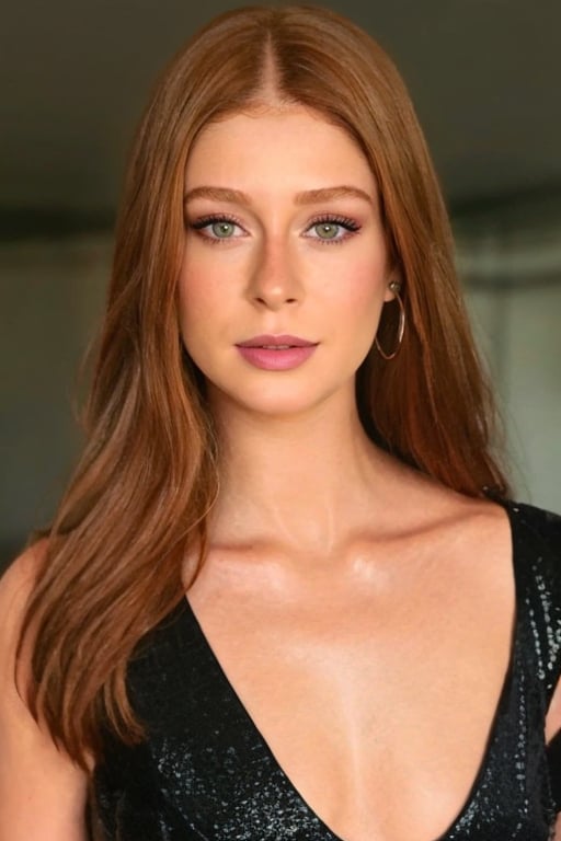 hyperrealistic photo of Marina Ruy Barbosa, realistic and detailed face, realistic eyes, professional makeup, wearing an elegant and sensual black dress with a deep neckline. Her hair is loose and falling over her shoulders, with a sophisticated hairstyle. Cinematic style