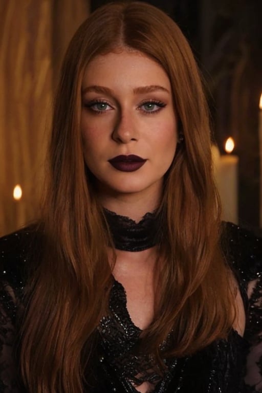 hyperrealistic photo of Marina Ruy Barbosa, realistic and detailed face, realistic eyes, makeup, lipstick, with a gothic look, wearing a long black lace dress, with lace and velvet details. She is in an old castle, with dark stone walls, illuminated by candles and chandelier lights, with a mysterious and sensual expression. Cinematic style, 