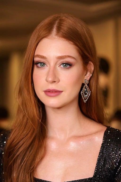 hyperrealistic photo of Marina Ruy Barbosa, realistic and detailed face, realistic eyes, wearing a long sparkling dress with jeweled details and an elegant neckline. She is wearing diamond earrings, professional makeup, and a sophisticated hairstyle. The setting is luxurious and sophisticated, like a gala party. Cinematic style,