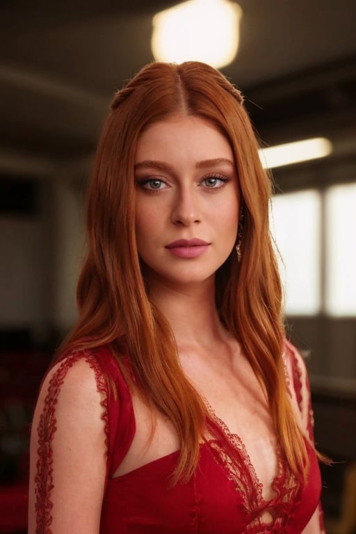 hyperrealistic photo of Marina Ruy Barbosa in an old movie theater setting, with a classic and elegant look. She is wearing a red velvet dress, with a deep neckline and lace details. Her hair is tied in a sophisticated bun, and she has an expression of mystery and sensuality, as if she were about to star in an exciting scene. The image should have a cinematic style, with focus on Marina's classic beauty, the atmosphere of the cinema, and the touch of mystery.  Cinematic style,