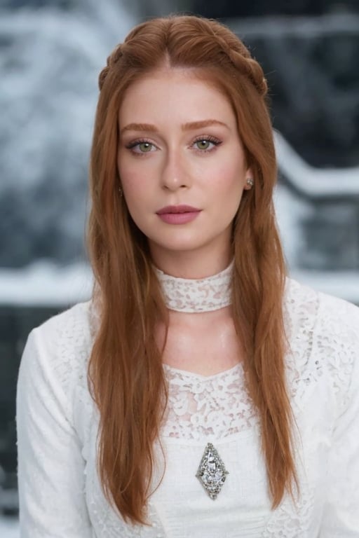 hyperrealistic photo of Marina Ruy Barbosa in a frozen and icy setting, with an elegant and glacial look. She is wearing a white lace dress, with jeweled details and a white faux fur stole. Her hair is tied in a sleek bun and her expression is cold and distant. The image should have a cinematic and dramatic style, with focus on Marina's icy beauty and the cold and mysterious atmosphere of the setting. Cinematic style,