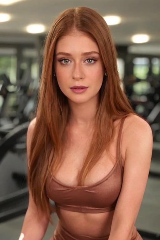 hyperrealistic full body photo of Marina Ruy Barbosa, realistic and detailed face, realistic eyes, makeup, lipstick, sweaty at the gym, wearing a tight gym outfit, with focus on her beauty and fitness. She is in a dynamic pose, ready to exercise, with a determined and focused expression. The image should have a cinematic and motivational style. Cinematic style,