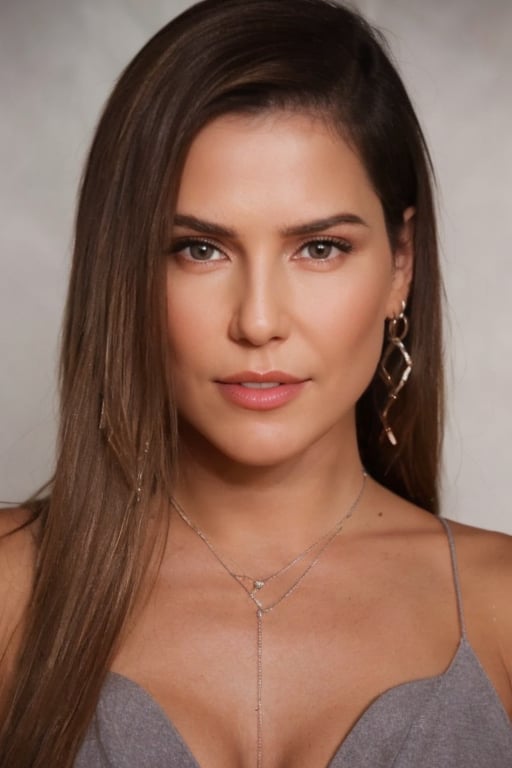 Realistic photo of Deborah Secco, realistic face, realistic eyes. Professional makeup, earrings, necklace, small shorts. Cinematic style