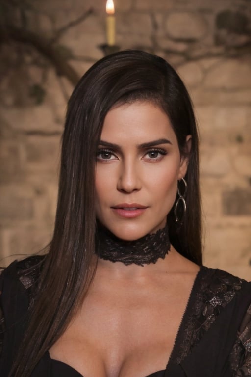 hyperrealistic photo of Deborah Secco, realistic and detailed face, realistic eyes, with a gothic look, wearing a long black lace dress, with lace and velvet details. She is in an old castle, with dark stone walls, illuminated by candles and chandelier lights, with a mysterious and sensual expression. Cinematic style, 