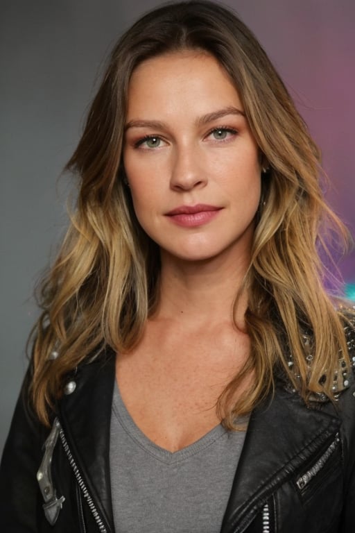 Full body photo of Luana Piovani, realistic and detailed face, realistics eyes, realistic skin texture, wearing a black leather jacket with zipper details, a white band t-shirt, ripped jeans, and black boots, holding a glass of Jack Daniels, in front of a dark stage with colorful lights and smoke. Intense and rebellious gaze, with an expression of someone who enjoys loud music and the energy of rock. Cinematic style.