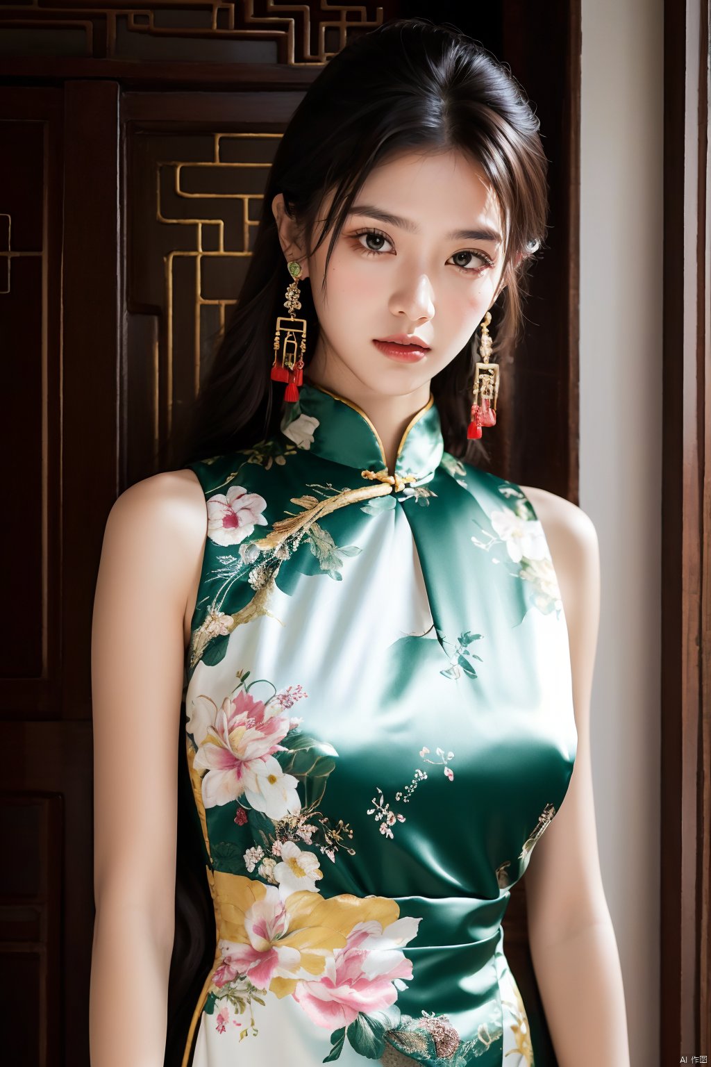 qp, 1girl, solo, earrings, jewelry, brown hair, dress, chinese clothes, looking at viewer, china dress, floral print, upper body, realistic, long hair, sleeveless, white dress, lips, breasts, green eyes