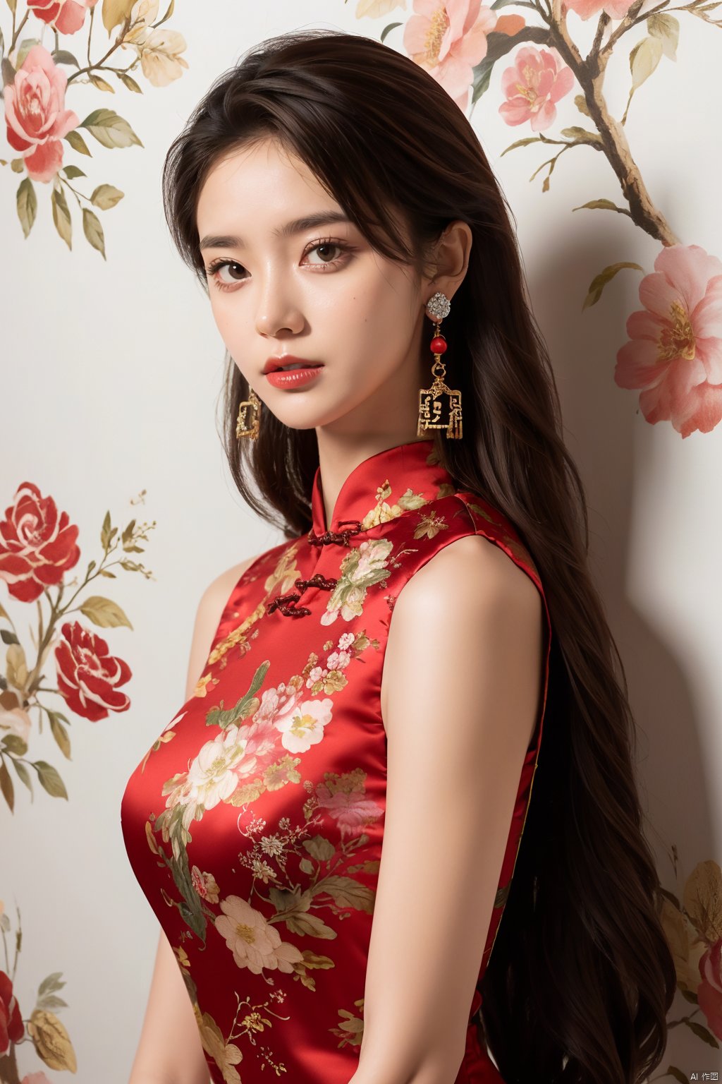 qp, 1girl, solo, jewelry, earrings, dress, brown hair, long hair, chinese clothes, flower, red dress, looking at viewer, brown eyes, upper body, red lips, china dress, realistic, sleeveless, breasts, floral print