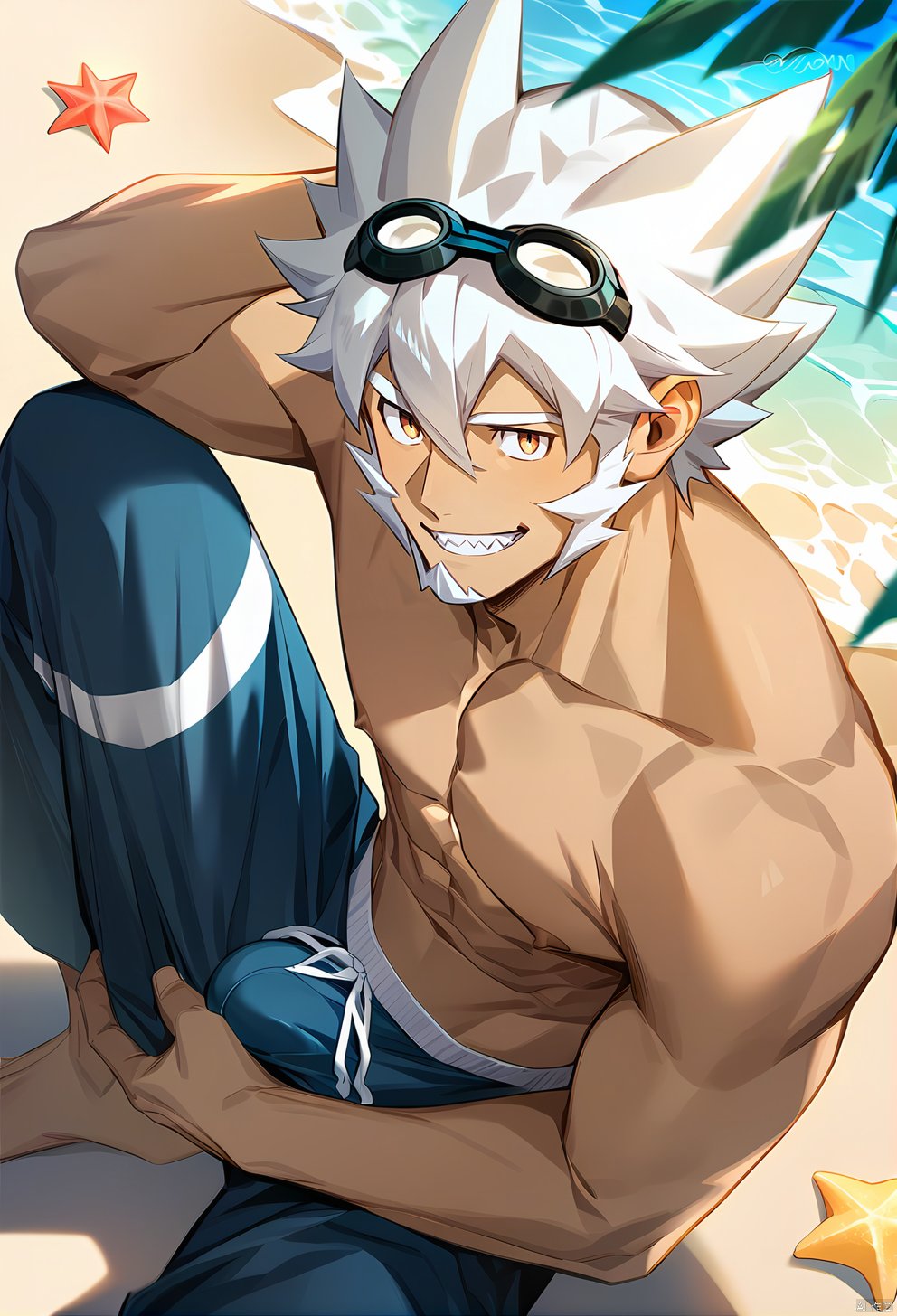  (zPDXL),score_9, score_8_up, score_7_up, rating explicit, 1boy, male focus,long legs,mature, sharp face,strong,white hair,goggles on head,swimming pants,beach,smiling,posing,best quality, amazing quality, best aesthetic, absurdres, year 2023,simeon_ina,