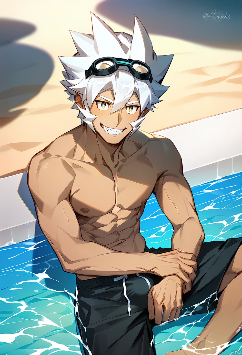  (zPDXL),score_9, score_8_up, score_7_up, rating explicit, 1boy, male focus,long legs,mature, sharp face,strong,skinny,white hair,goggles on head,swimming pants,beach,smiling,posing,best quality, amazing quality, best aesthetic, absurdres, year 2023,simeon_ina,