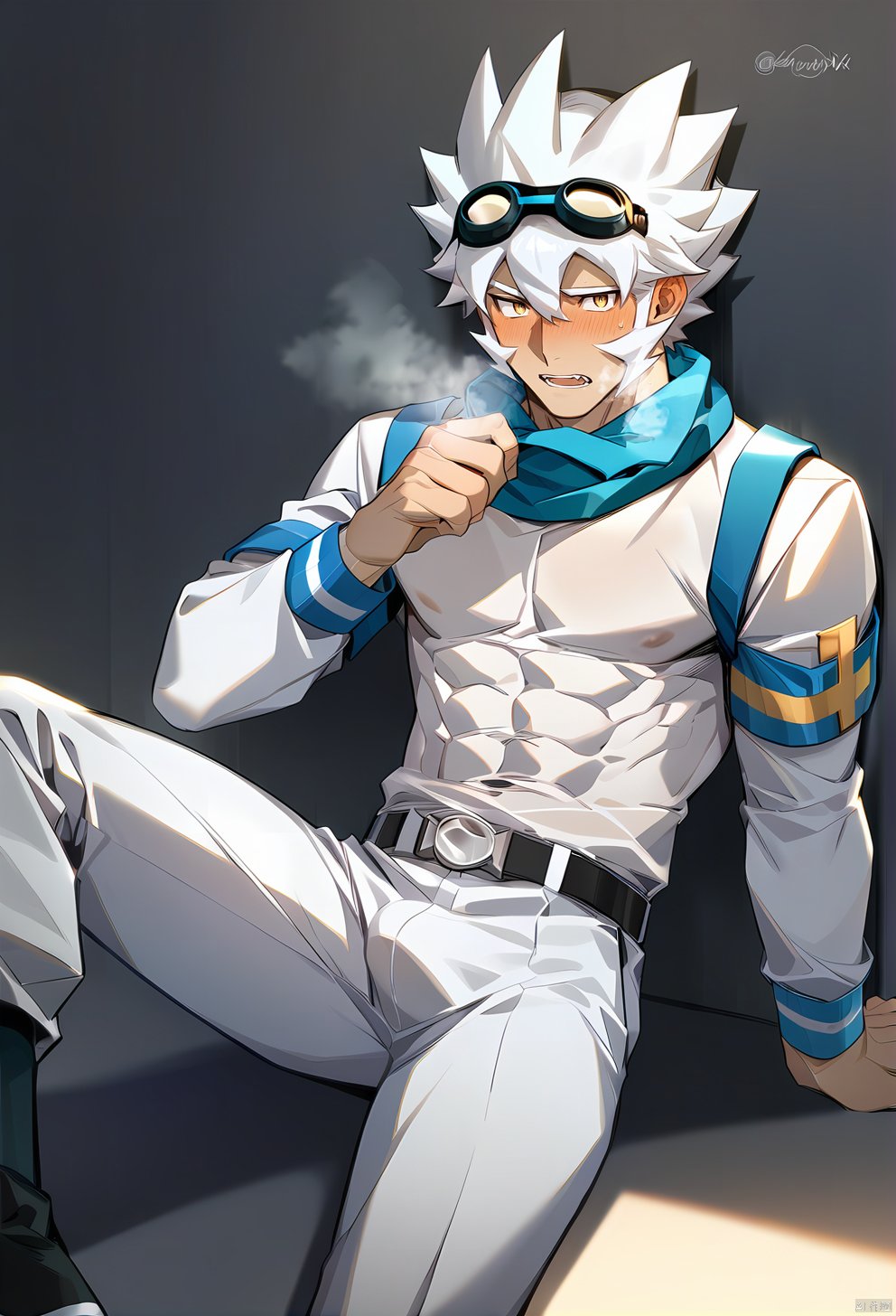  (zPDXL),score_9, score_8_up, score_7_up, rating explicit, 1boy, male focus,long legs,mature, sharp face,strong,white hair,goggles on head,suit, abs,blush, breathe deeply,leaning against a wall,posing,best quality, amazing quality, best aesthetic, absurdres, year 2023,simeon_ina,