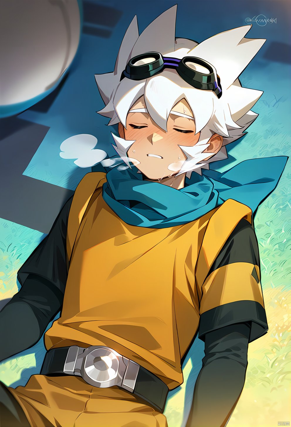  (zPDXL),score_9, score_8_up, score_7_up, rating explicit, 1boy, male focus, strong,white hair,goggles on head, sportswear,blush, breathe deeply,eyes closed,sweaty,wet clothes,fingerless gloves,scarf,laying on the ground,posing,a soccer ball beside him,best quality, amazing quality, best aesthetic, absurdres, year 2023,simeon_ina