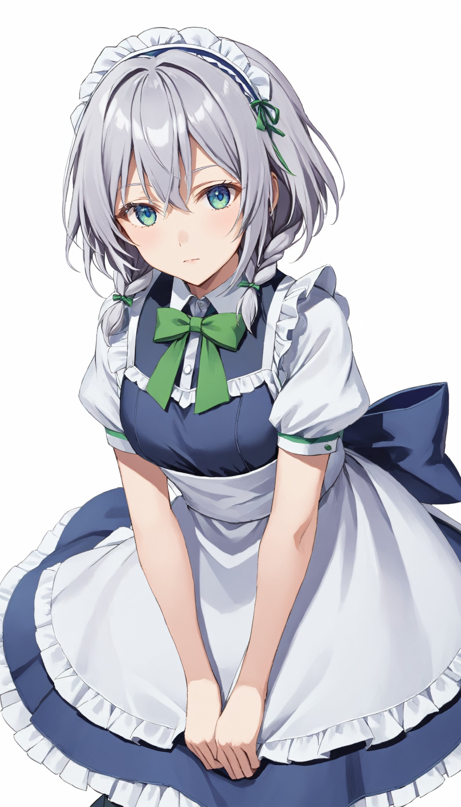 1girl,,solo ,Sakuya, , Sakuya Izayoi, blue maid outfit, white apron, white maid headband, silver hair, (two braided hair:1.6), short hair, blue eyes, blue eyes, (two green ribbons on her braided hair:1.5), green bowtie,