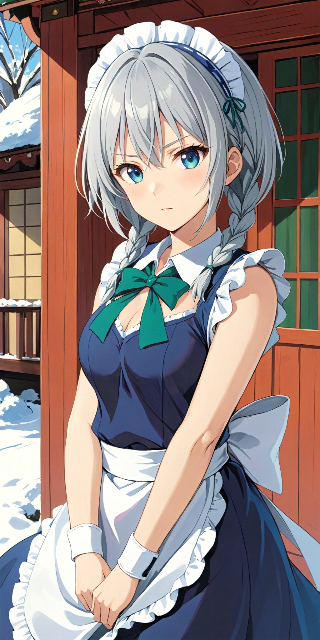 solo, looking at the viewer, serious face, short hair, female focus, 1girl, outdoors, snow, Sakuya Izayoi, blue maid outfit, white apron, white maid headband, silver hair, (two braided hair:1.6), short hair, blue eyes, blue eyes, (two green ribbons on her braided hair:1.5), green bowtie, Sakuya