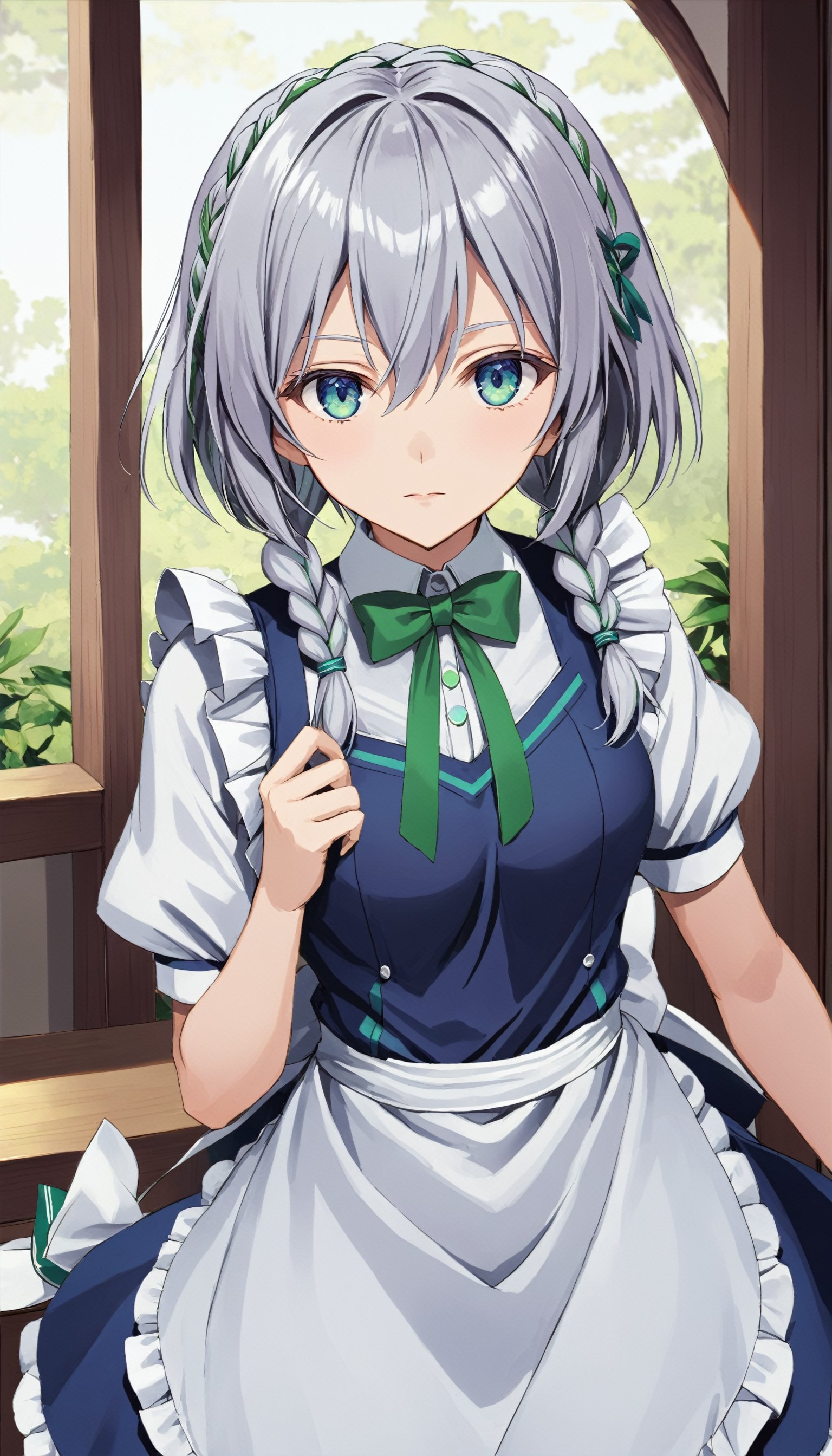 1girl,,solo ,Sakuya, , Sakuya Izayoi, blue maid outfit, white apron, white maid headband, silver hair, (two braided hair:1.6), short hair, blue eyes, blue eyes, (two green ribbons on her braided hair:1.5), green bowtie,