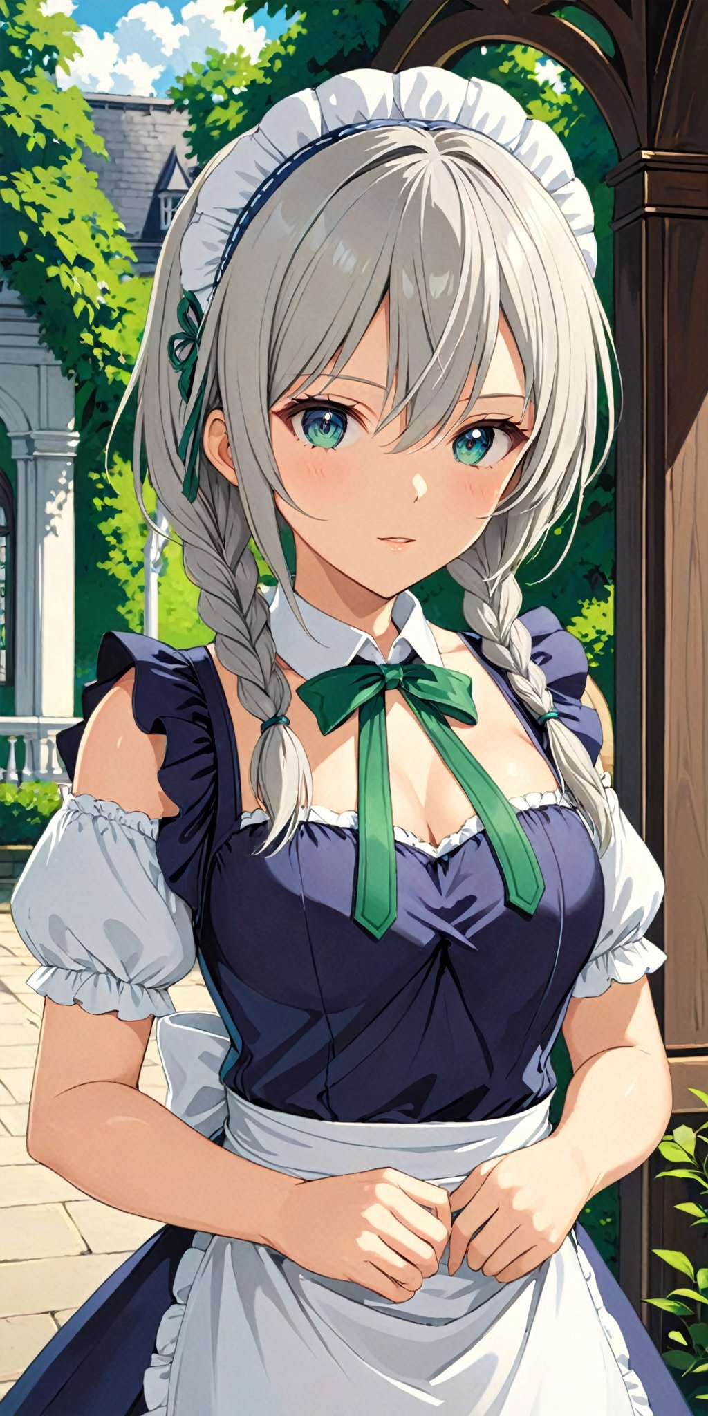 1girl, solo, looking at the viewer Victorian gothic mansion background, outdoor, beautiful scenery, Sakuya, , Sakuya Izayoi, blue maid outfit, white apron, white maid headband, silver hair, (two braided hair:1.6), short hair, blue eyes, blue eyes, (two green ribbons on her braided hair:1.5), green bowtie, Sakuya