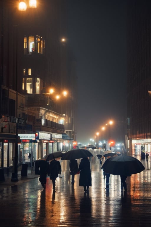 neo noir, city, city block, street, 1girl, walking on street, large bridge in the background, raining, winter, winter clothing, morning, city lights, diffused lights, lampposts, 
multiple people walking on the street, holding umbrellas, lights reflected off of wet streets, low-key lighting, shadows, contrast, soft lighting, hazy, grainy, realistic, photograph taken by Nick MIllar, broody atmosphere, 