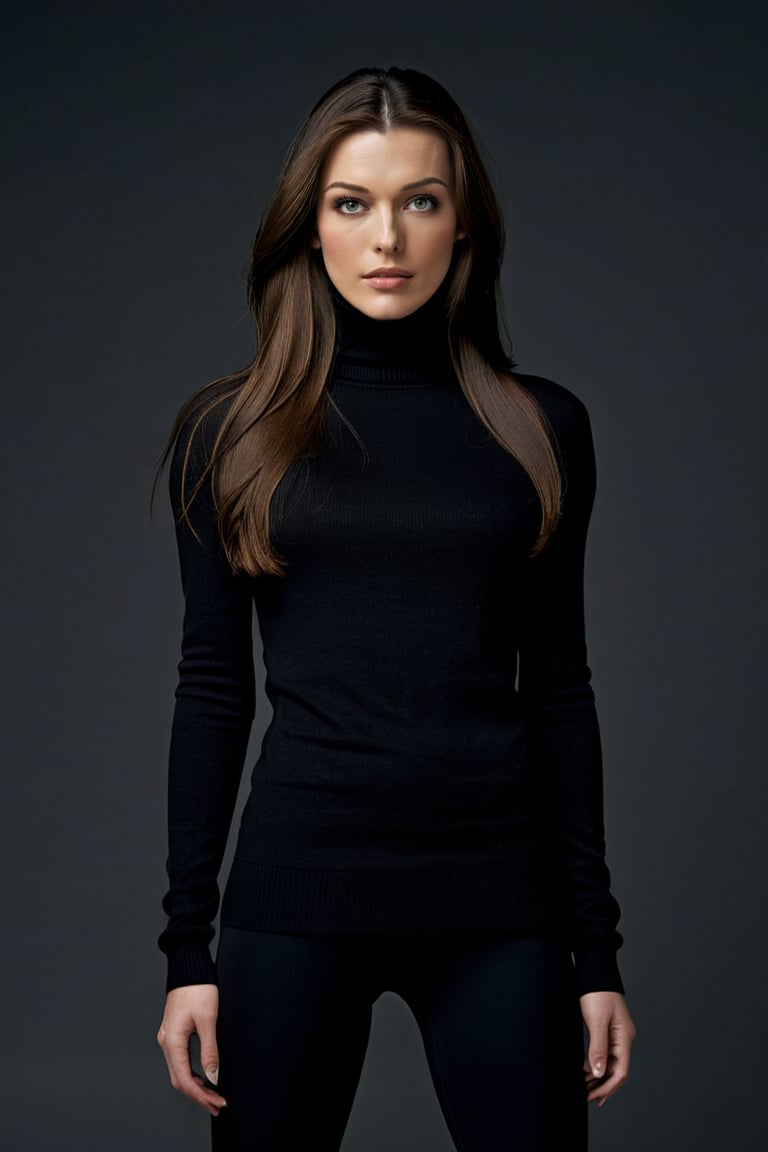 ohwx woman, full body, long brown hair, wearing a black turtleneck sleveless sweater and a black legging, dark theme, soothing tones, solid white background, arms on waist, ISO, cannon, professional photo, sharp, detailed skin, 120mm