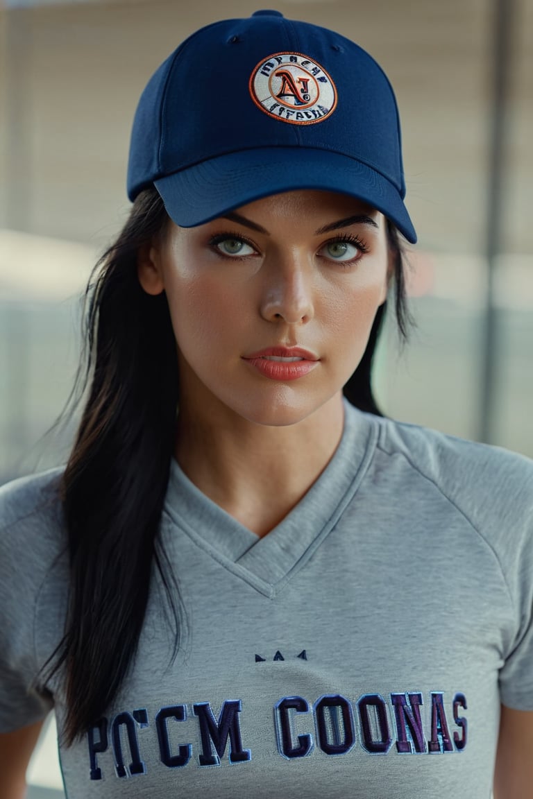 a beautiful cinematic sexy ohwx woman,black hair, looking at viewer, Athleisure Baseball cap with a team logo embroidered on the front.,style by Richard Avedon, bokeh professional 4k highly detailed