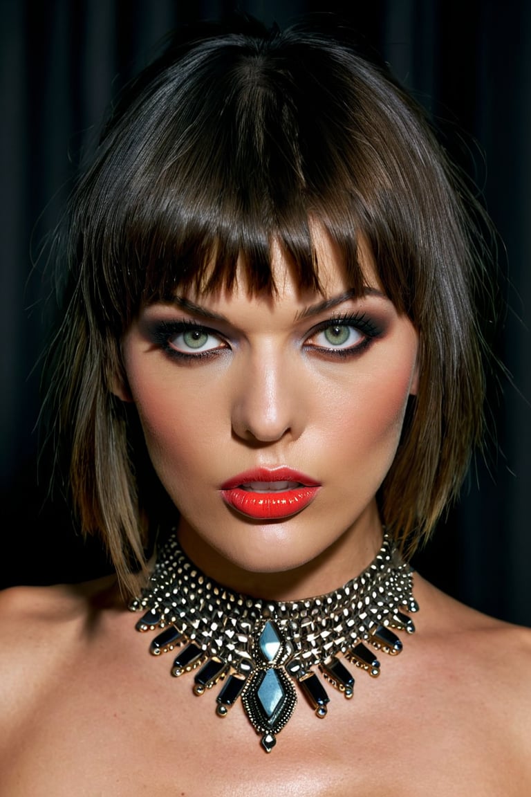 ohwx woman, raw photo, bangs, (half body shot photo), photorealistic, glamour photography of stylish russian hipster girl, edgy vibe, dark, mascara, eyeliner, expressive lips, alluring necklace, stylish sexy streetwear, smoky eye makeup, defined jawline, skin pores, shiny skin, grainy, harsh flash ligthing, realistic skin texture, highly detailed photography, 3d, vibrant, insaenely detailed, hyperdetailed, expressive provocative face expression, detailed alluring background,