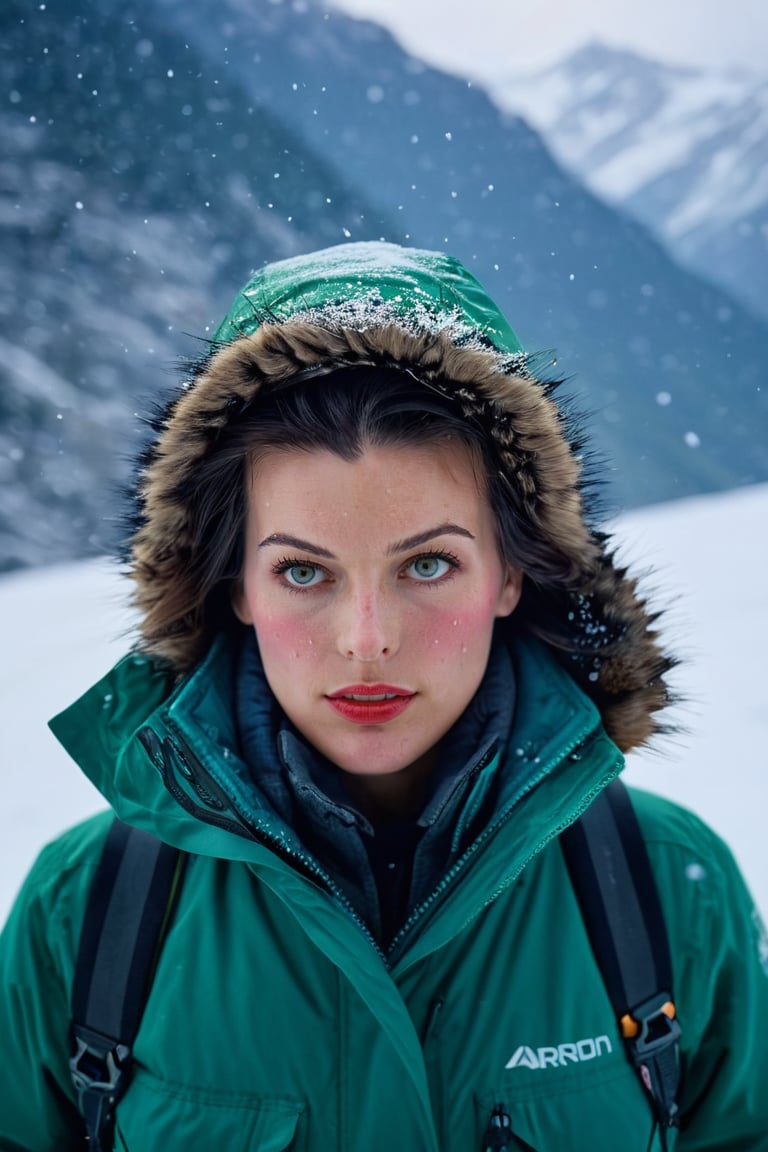 cinematic photograph of ohwx woman wearing winter jacket, in snowing alps, shot on ARRI ALEXA 65, bokeh, sharp focus on subject, shot by Richard Avedon
