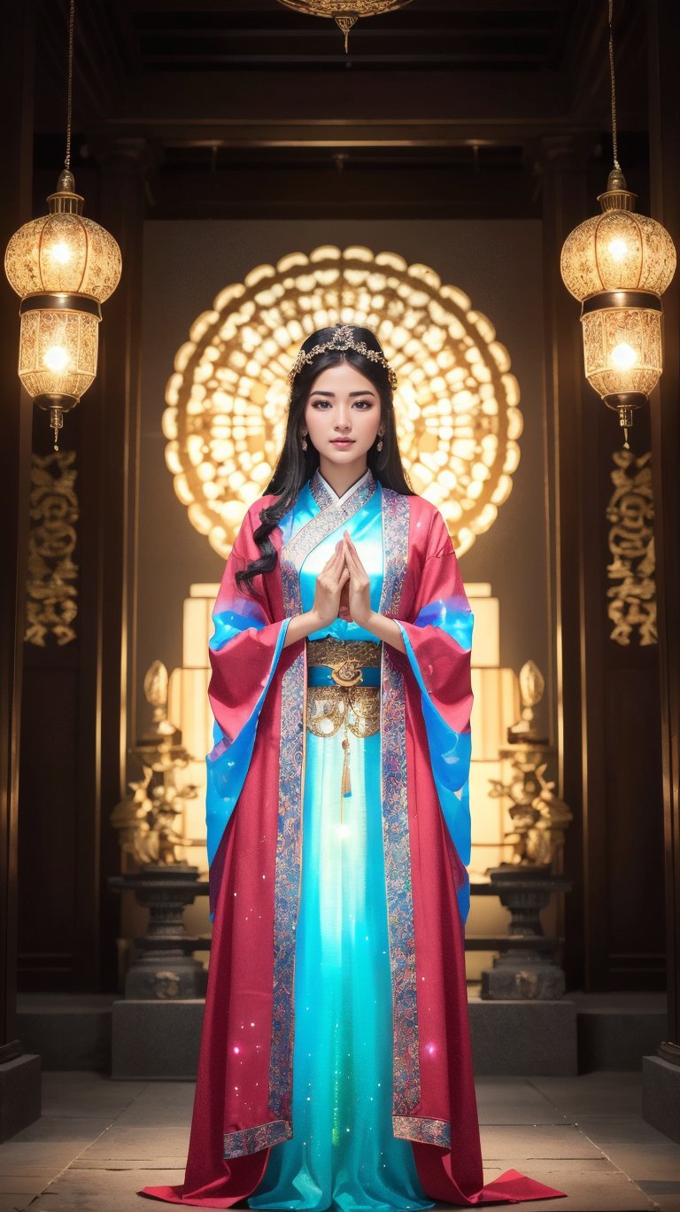 In front of the temple, a girl wearing red oriental art clothing projected a huge light green hologram from her hands, covering and surrounding her with energy and aura. The huge light green hologram is in the shape of a giant tiger, full of fantasy and mysterious elements. Front view. Low angle view. Close the view. Practical. Ray tracing. Full length body. Oriental mystical atmosphere, unreal, mysterious, luminous, surreal, high resolution, sharp details, soft, with a dreamy glow, translucent, 8k resolution, beautiful, stunning, mythical presence that exudes energy , texture, breathtaking beauty, pure perfection, with a divine presence, unforgettable and impressive, detailed, ultra-detailed, Tyndall effect,1gir1,prefect hand,Illustration