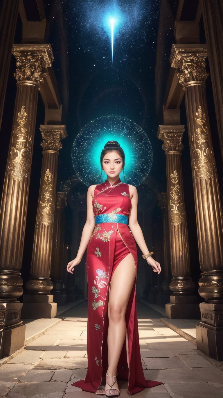 In front of the temple, a girl wearing red oriental art clothing projected a huge light green hologram from her hands, covering and surrounding her with energy and aura. The huge light green hologram is in the shape of a giant tiger, full of fantasy and mysterious elements. Front view. Low angle view. Close the view. Practical. Ray tracing. Full length body. Oriental mystical atmosphere, unreal, mysterious, luminous, surreal, high resolution, sharp details, soft, with a dreamy glow, translucent, 8k resolution, beautiful, stunning, mythical presence that exudes energy , texture, breathtaking beauty, pure perfection, with a divine presence, unforgettable and impressive, detailed, ultra-detailed, Tyndall effect,1gir1,prefect hand,Illustration