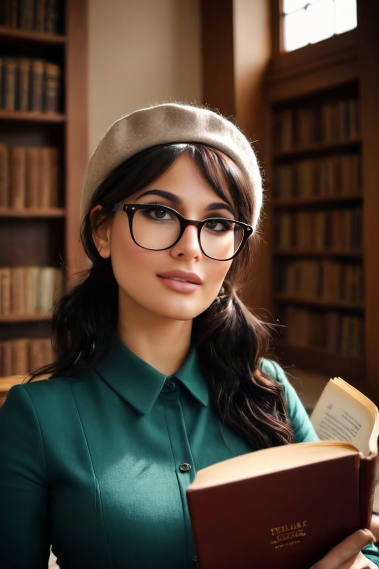 HQ photography, closeup portrait, sharp focus, bokeh background, high contrast, In a serene, cinematic setting, a lovely, young woman, reminiscent of Angeline, sits in an antique university library, looking at the book, Degas-like attention to detail captures every curl and curve of her body. In the background, an antique library full of books and ladders is bathed by the afternoon sun rays, creating a sense of depth and atmosphere. The overall effect is stunning, with cinematic flair, masterpiece, shines brightly on ArtStation, trending for all to admire.,dark academia outfit, brown teal color palette, Rembrandt Lighting Style,darkacademia,photorealistic,tweed blazer, collar shirt, beret,Kodak Motion Picture Film Style, cateye, cute face, young face, ,sssniperwolf,is wearing glasses