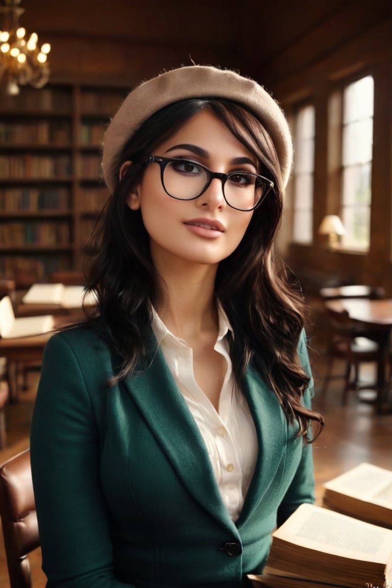 HQ photography, closeup portrait, sharp focus, bokeh background, high contrast, In a serene, cinematic setting, a lovely, young woman, reminiscent of Angeline, sits in an antique university library, looking at the book, Degas-like attention to detail captures every curl and curve of her body. In the background, an antique library full of books and ladders is bathed by the afternoon sun rays, creating a sense of depth and atmosphere. The overall effect is stunning, with cinematic flair, masterpiece, shines brightly on ArtStation, trending for all to admire.,dark academia outfit, brown teal color palette, Rembrandt Lighting Style,darkacademia,photorealistic,tweed blazer, collar shirt, beret,Kodak Motion Picture Film Style, cateye, cute face, young face, ,sssniperwolf,is wearing glasses