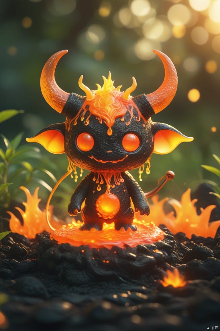  Best quality, very good, 16 thousand, ridiculous, extremely detailed, cute round slime demon with horns made of translucent boiling lava, background grassland ((masterpiece full of fantasy elements))), ((most good quality)), ((intricate details)) (8k)