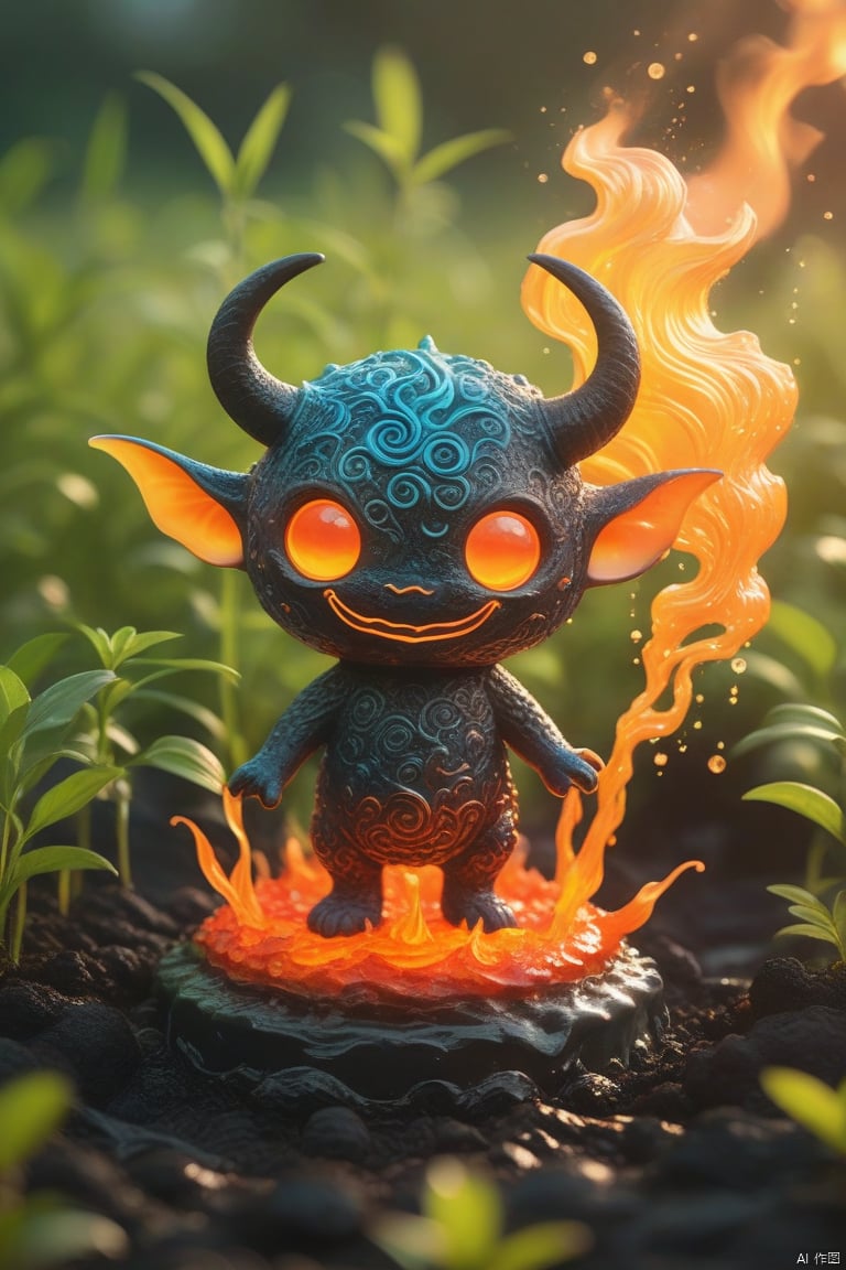  Best quality, very good, 16 thousand, ridiculous, extremely detailed, cute round slime demon with horns made of translucent boiling lava, background grassland ((masterpiece full of fantasy elements))), ((most good quality)), ((intricate details)) (8k)