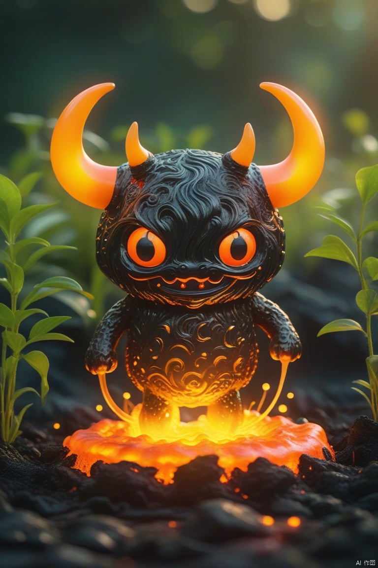  Best quality, very good, 16 thousand, ridiculous, extremely detailed, cute round slime demon with horns made of translucent boiling lava, background grassland ((masterpiece full of fantasy elements))), ((most good quality)), ((intricate details)) (8k)