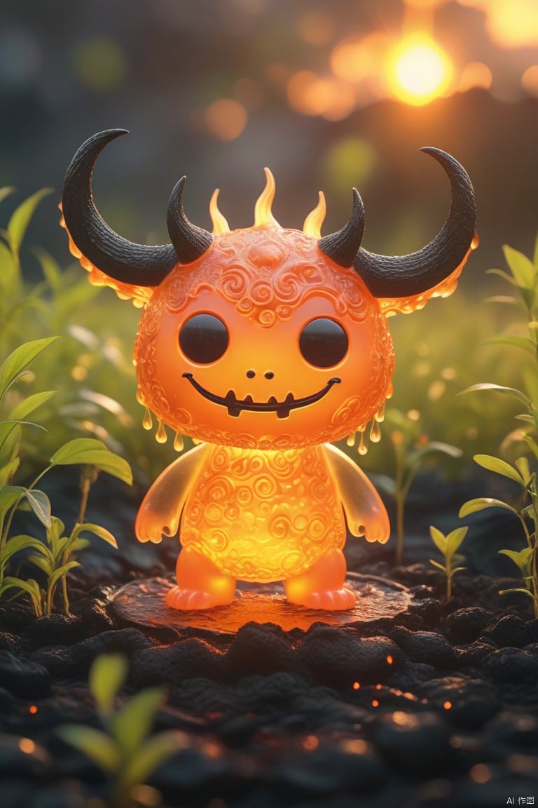  Best quality, very good, 16 thousand, ridiculous, extremely detailed, cute round slime demon with horns made of translucent boiling lava, background grassland ((masterpiece full of fantasy elements))), ((most good quality)), ((intricate details)) (8k)