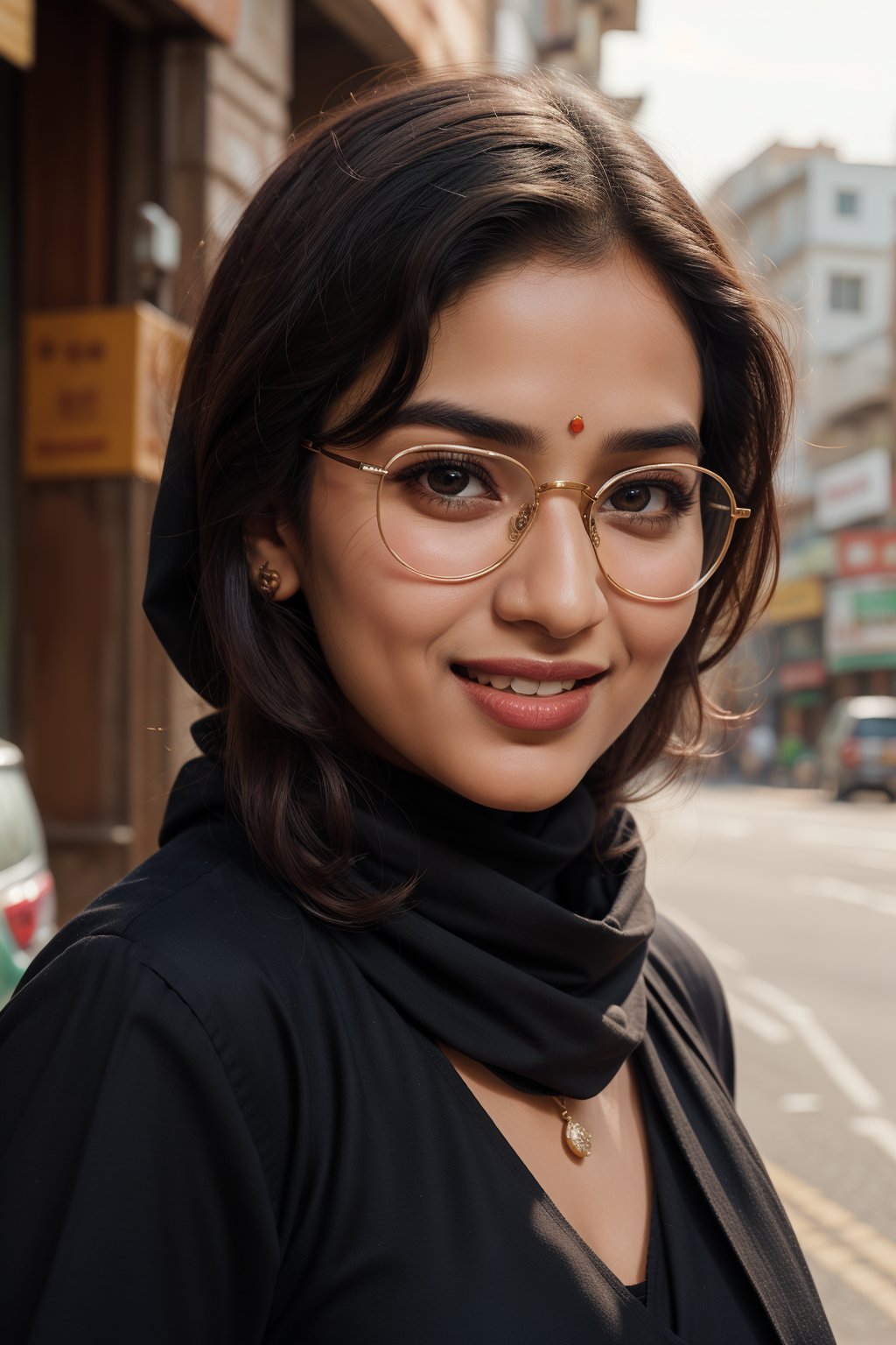 a beautiful 24 year old pretty indian muslim women looking into the camera wearing a hijab and a scarf , smiling and standing, casual potrait photo, wearing an oversized spectacles , feautres like sonam kapoor, no bindi on forehead, standing , standing infrot of charminar hyderabad, no bindi on her forehead, plain forehead, zoomed out picture, hyderabad, realism, realistic, real, full potrait