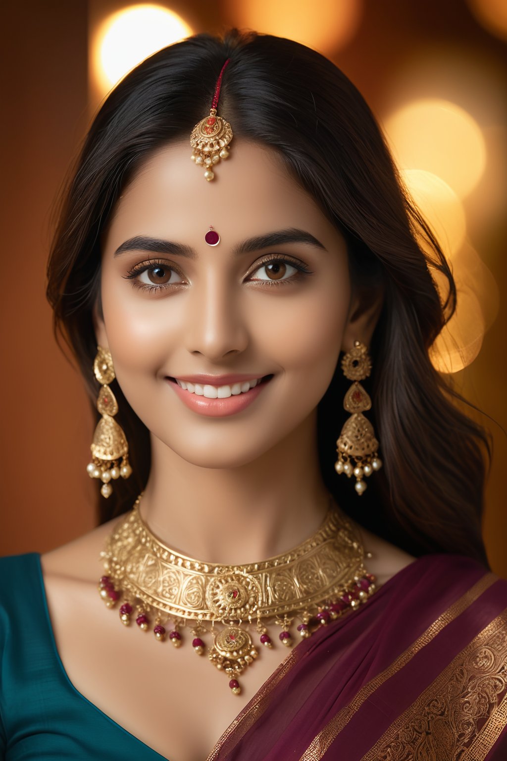 (best quality,4k,8k,highres,masterpiece:1.2),ultra-detailed,(realistic,photorealistic,photo-realistic:1.37),beautiful,indian woman,(expressive eyes:1.1),(radiant smile:1.1),close-up,portrait,(smooth skin:1.1),(long,shiny hair:1.1),vibrant colors,studio lighting,ethnic jewelry,traditional attire (sari),ornate henna design,delicate facial features,graceful pose,serene expression,subtle makeup,rich textures,deep gaze,gorgeous accessories,exquisite craftsmanship,soft shadows,subtle highlights,warm color palette,aesthetic composition,striking contrast,detailed patterns,impeccable clarity,natural beauty,luminous complexion,regal elegance,unforgettable charm,intense gaze,dreamy ambiance,radiant personality,colorful backdrop