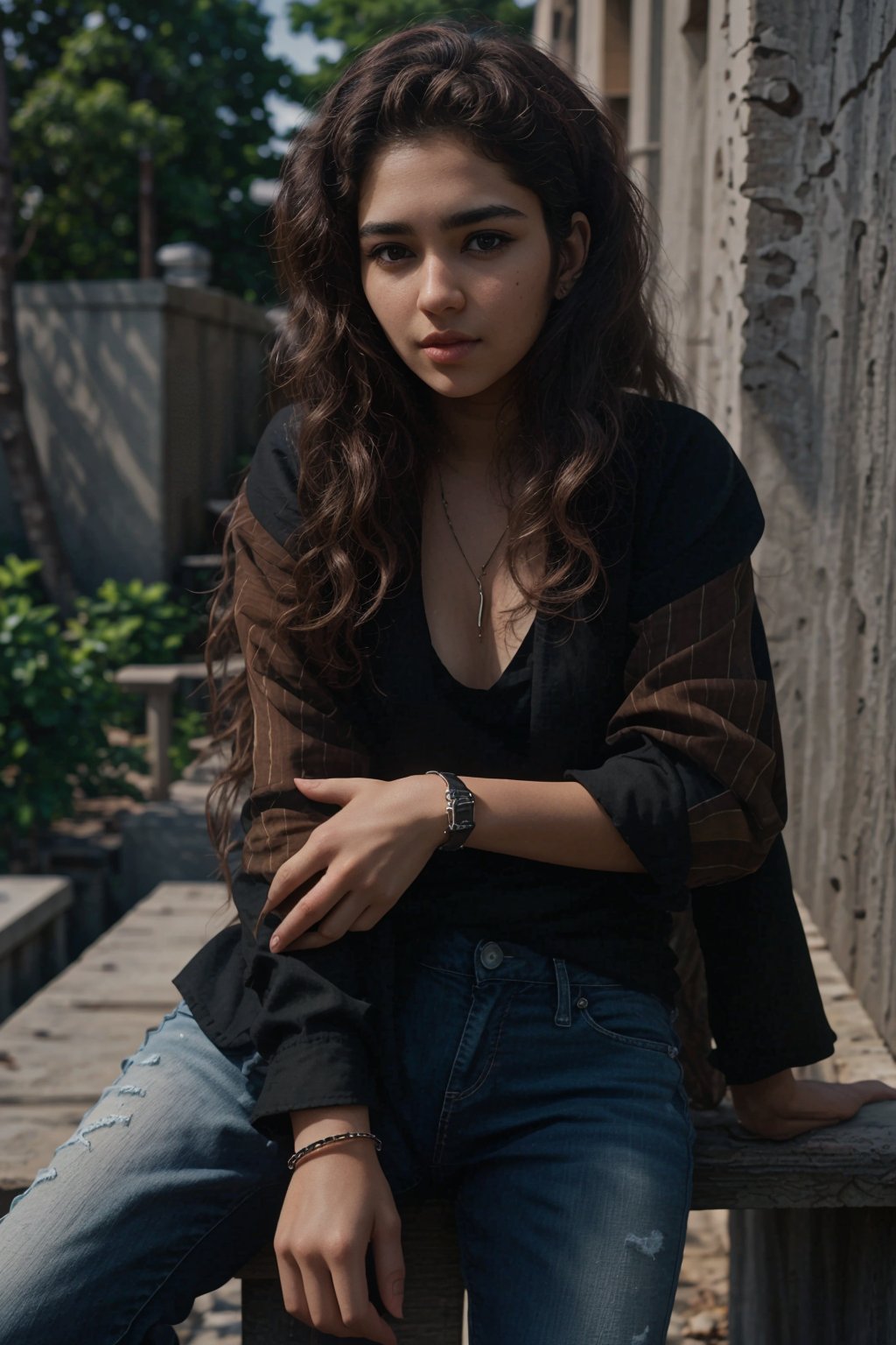 Prompt: 1girl, solo, brown hair, shirt, jewelry, striped, pants, bracelet, denim, watch, jeans, striped shirt, realistic, wristwatch, reference inset, photo inset , This breathtaking photograph, shot on a Canon 1DX with a 50 mm f/2.8 lens, beautifully showcases the raw and authentic beauty of life. high resolution 8k image quality,