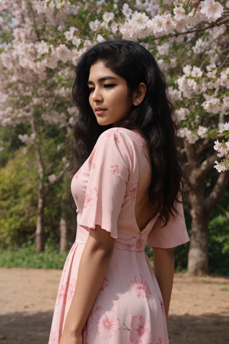 Generate hyper realistic image of a woman with long black hair stands gracefully beneath a cherry blossom tree, her eyes closed in serene contemplation. She wears a flowing pink dress, accentuating her ample curves. Her luscious locks cascade down her back, framing her face. A delicate flower adorns her hair, adding a touch of elegance to her ensemble. The gentle breeze whispers through the blossoms.photorealistic,Mallu