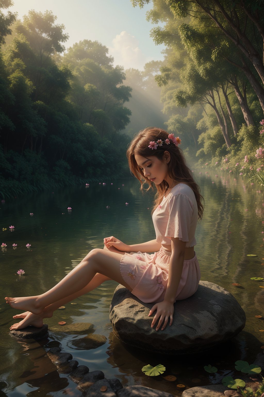 a girl sitting on a rock in the water, fantasy art, beautiful pink little alien girl, soft light misty yoshitaka amano, very sad emotion, reflecting flower, her hands are red roots, magali villeneuve and monet, detailed art in color, little girl, sitting at a pond, timid,1 girl, masterpiece,best quality 