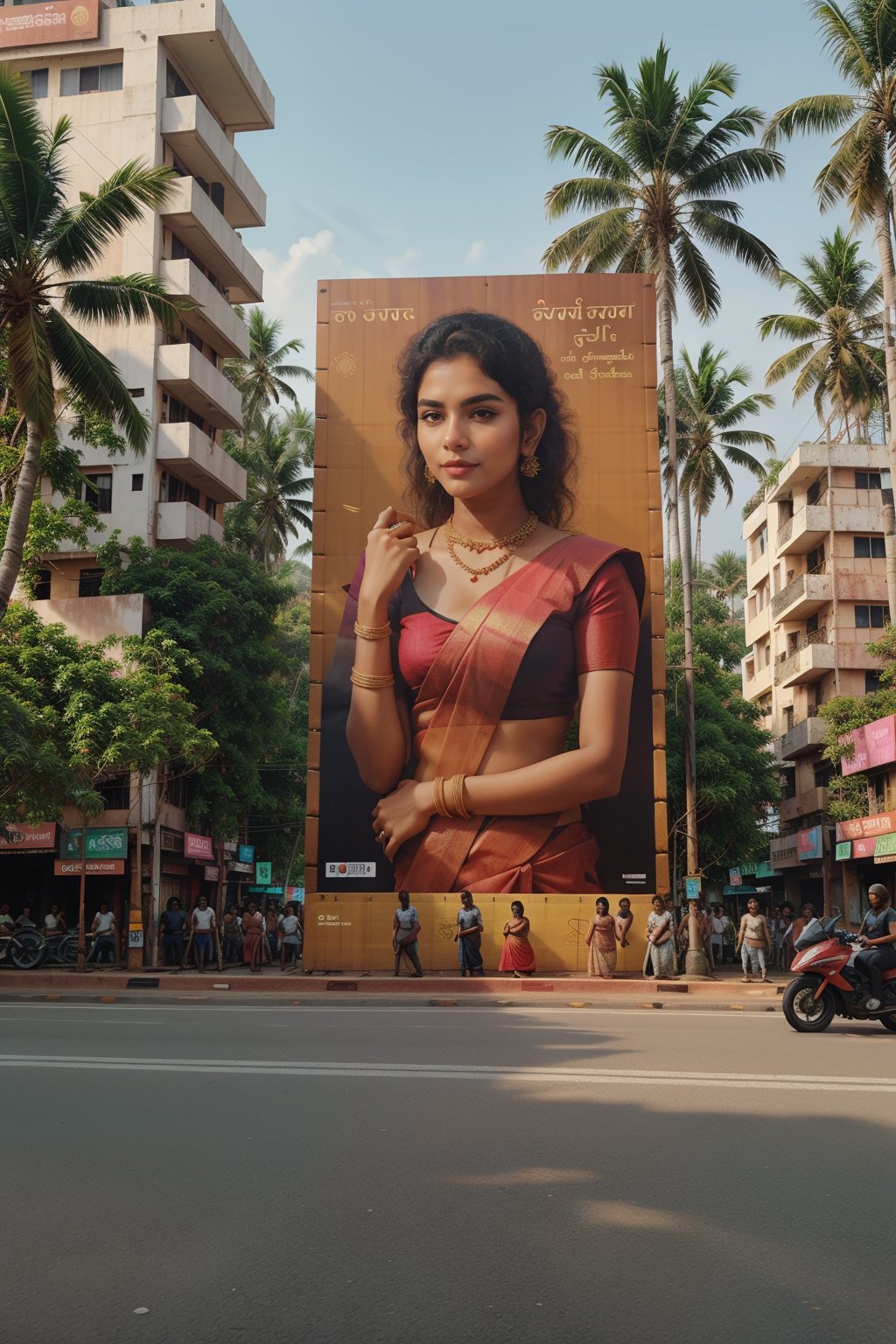 Advertisement flex board on roadside, a girl with somany gold ornaments jewellery and silk saree, solo, create a text on the flex board "pattaperukki" in big font, realistic City crowded people, so many vehicles are passing through the road, ,Kerala girl ,Mallu