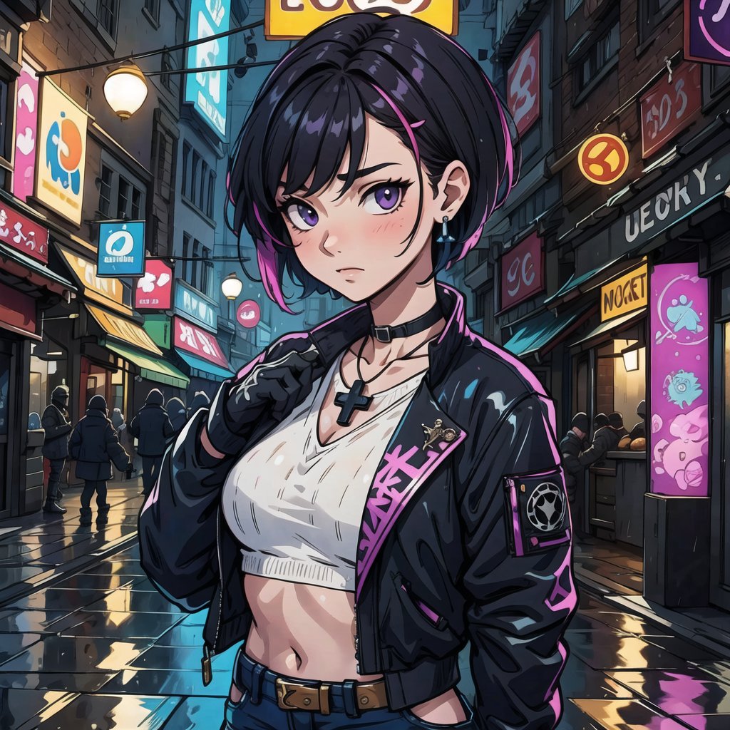 ((masterpiece, best quality, extremely detailed), volumetric lighting, ambient occlusion, colorful, glowing),

1girl, (asian girl), short hair, black hair, cross earrings, purple pop jacket, pink top, exposed waist, black jeans, black boots, gloves without fingers, outdoors, night, rain, city, (antique buildings), (punk), (dystopian city),
 
close up, upper body,
western, comic,